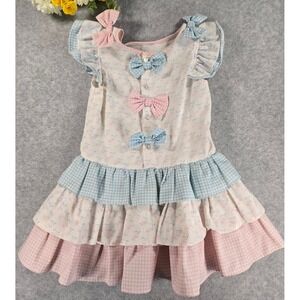 Vintage 80s Handmade Cherry Ruffle Dress Pastel Gingham Bows Girls Size 5T